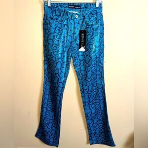 Y2K Retro Revolt Jean Co. Blue Snakeprint Flare Leg Pant Size 3/4 NWT